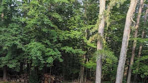 Un jardin avec un foyer et quatre fauteuils Adirondack disposés autour, le tout entouré d’une zone recouverte de gravier et d’une terrasse en bois.