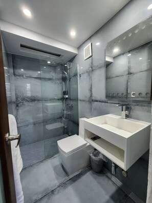 Shower, hair dryer, towels, soap