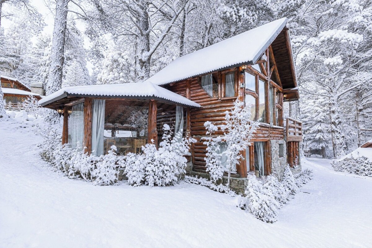 Une cabane en bois, dotée d’un toit en pente, entourée d’arbres couverts de neige.