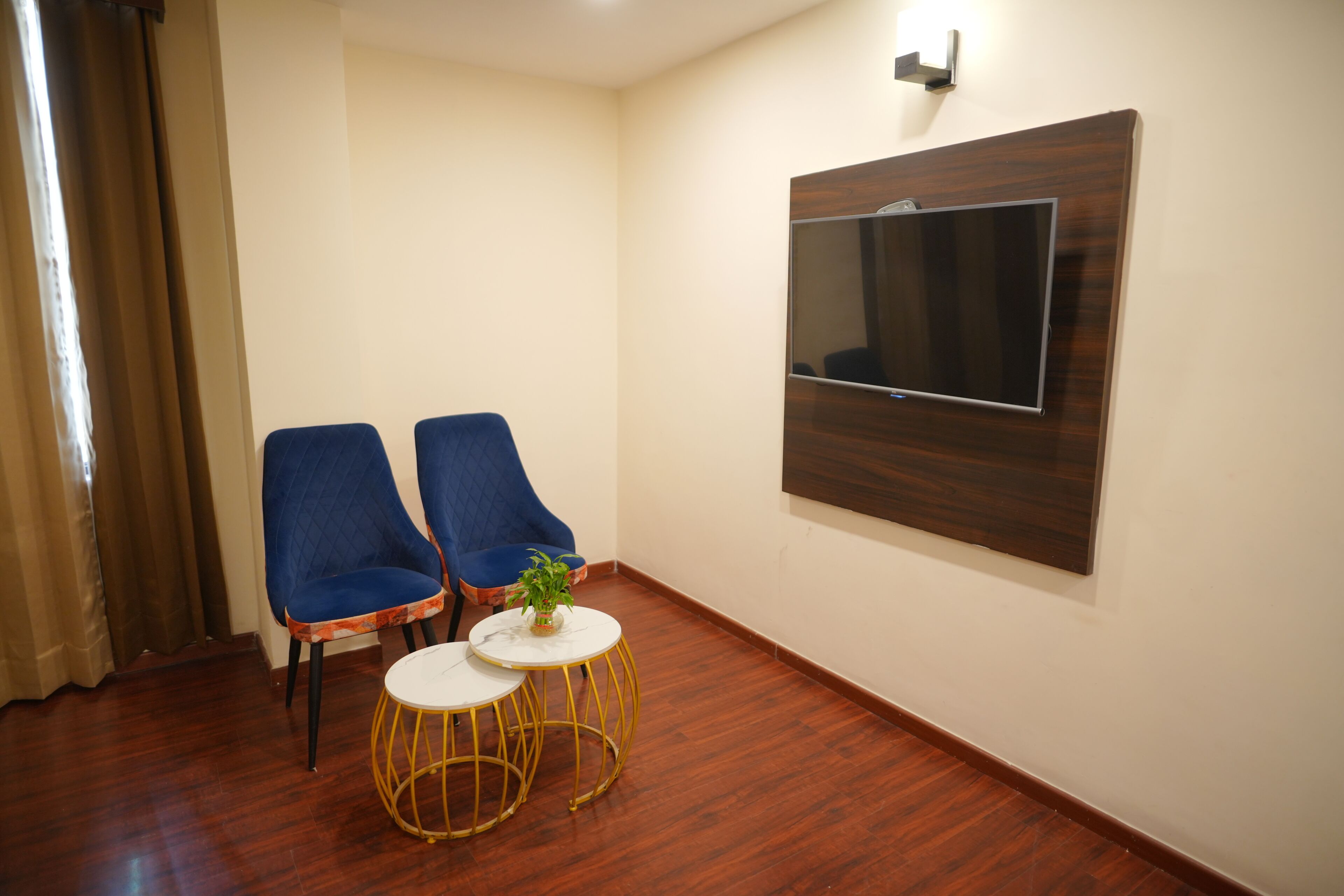 A room with two blue chairs, a small round table with a plant, and a mounted TV on the wall.