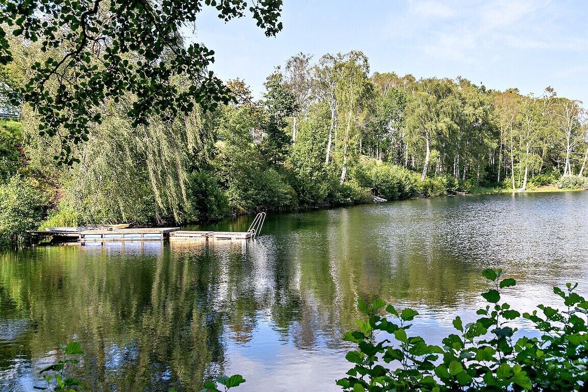 Tyyni järvi, jossa on laituri ja taustalla näkyy puita.