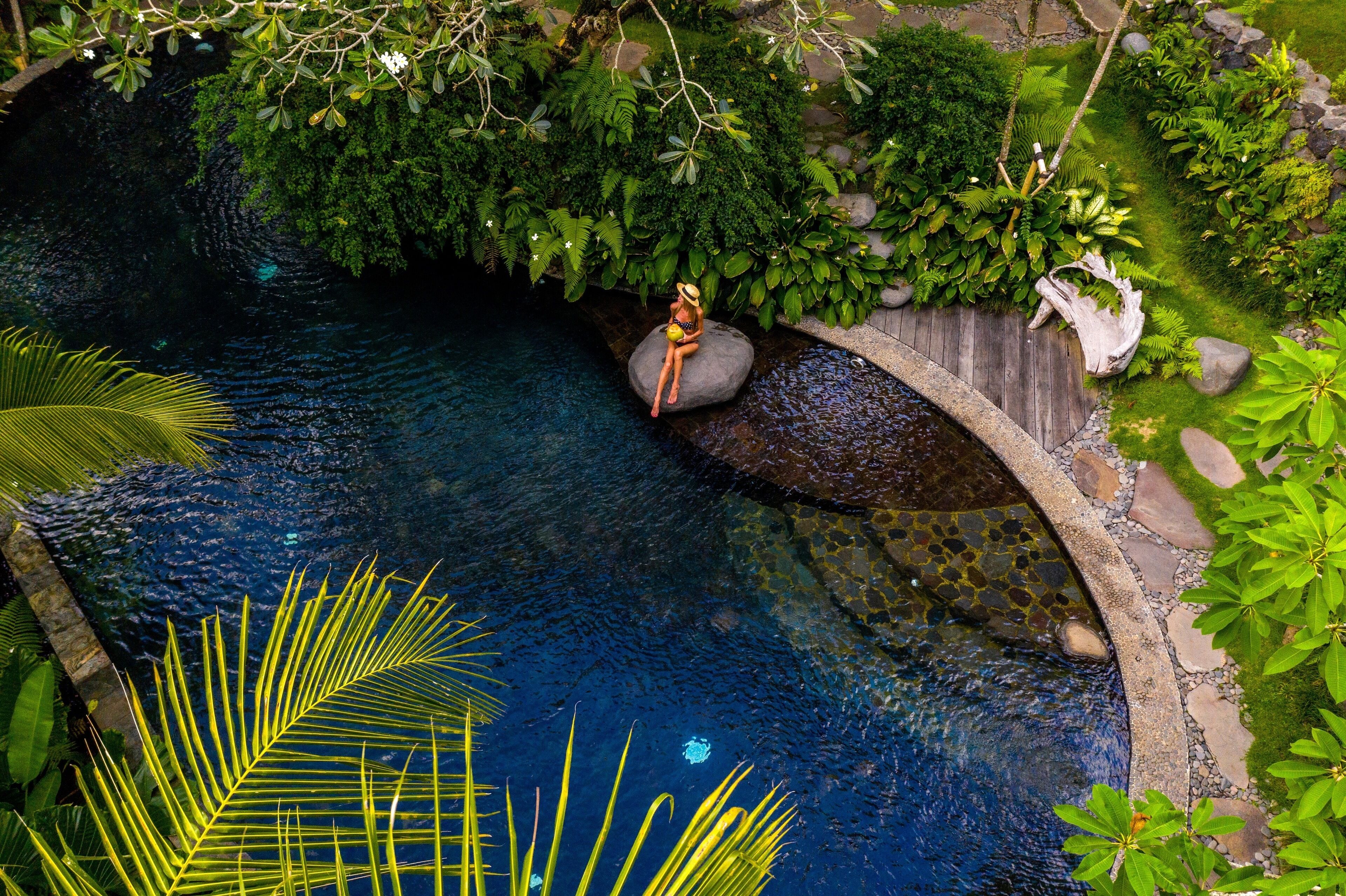 Kolam renang outdoor, dengan payung kolam renang dan kursi berjemur