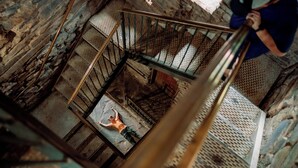 A staircase with metal railings and a person descending. - Luxury Spacious Glamping, Lake View, Grill, Pool, Pet Friendly, Swim (Delta)