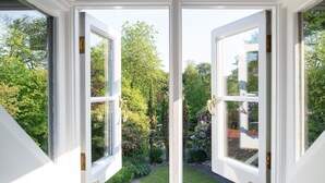 A view through a white-framed window with a garden visible outside.