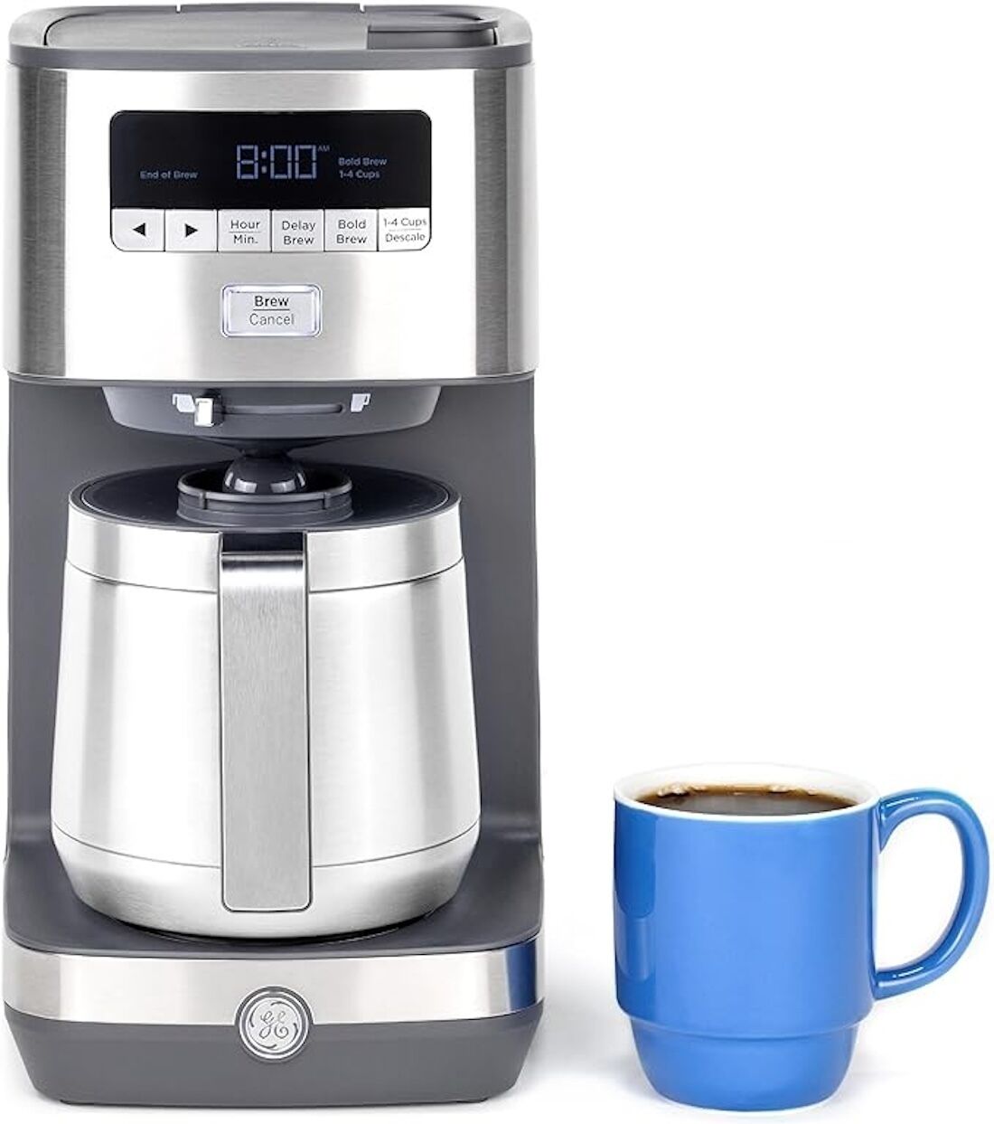 A coffee maker with a digital display, a coffee pot, and a blue mug.