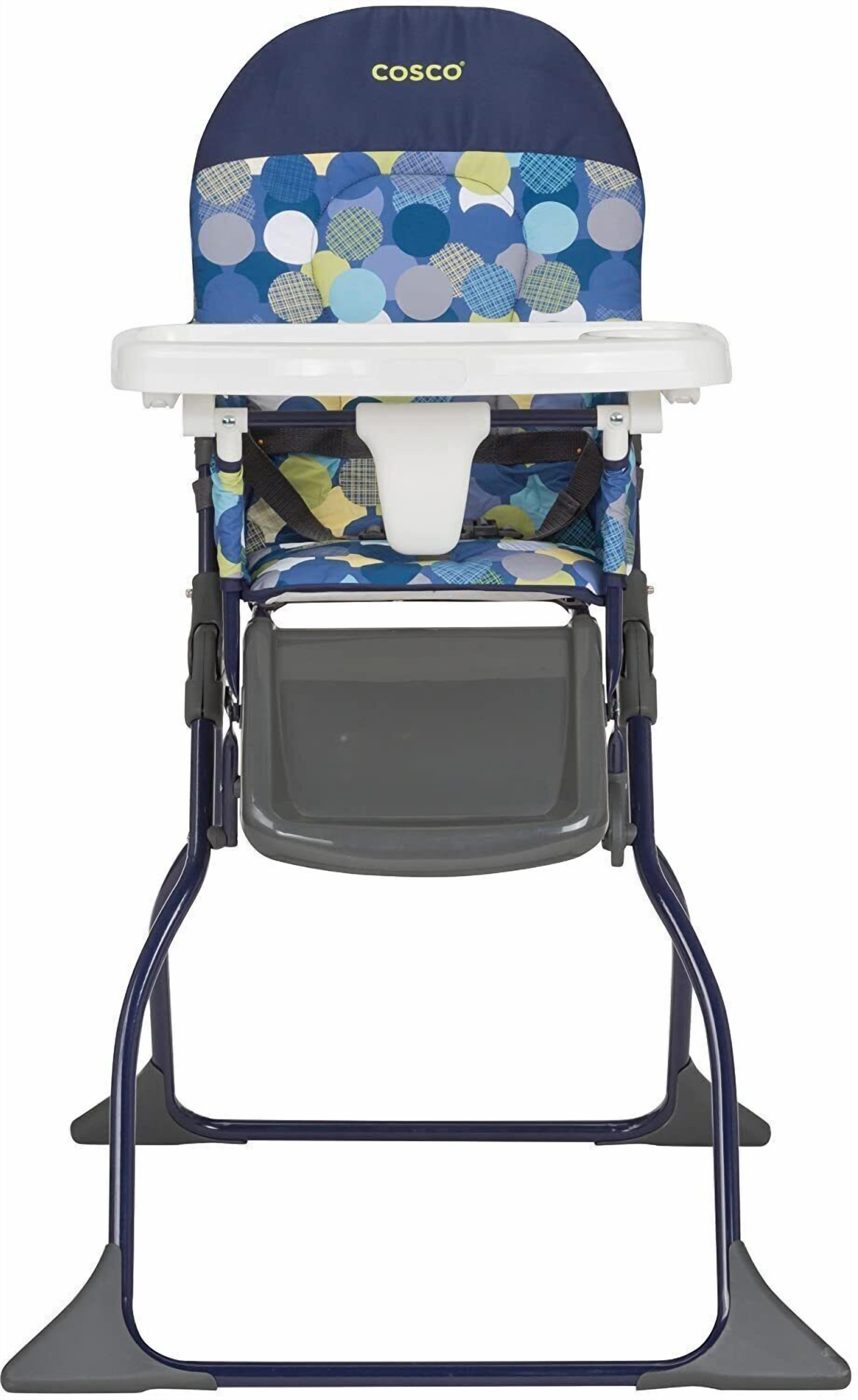 A baby stroller with a blue and white color scheme, featuring a patterned seat and a front-mounted tray.