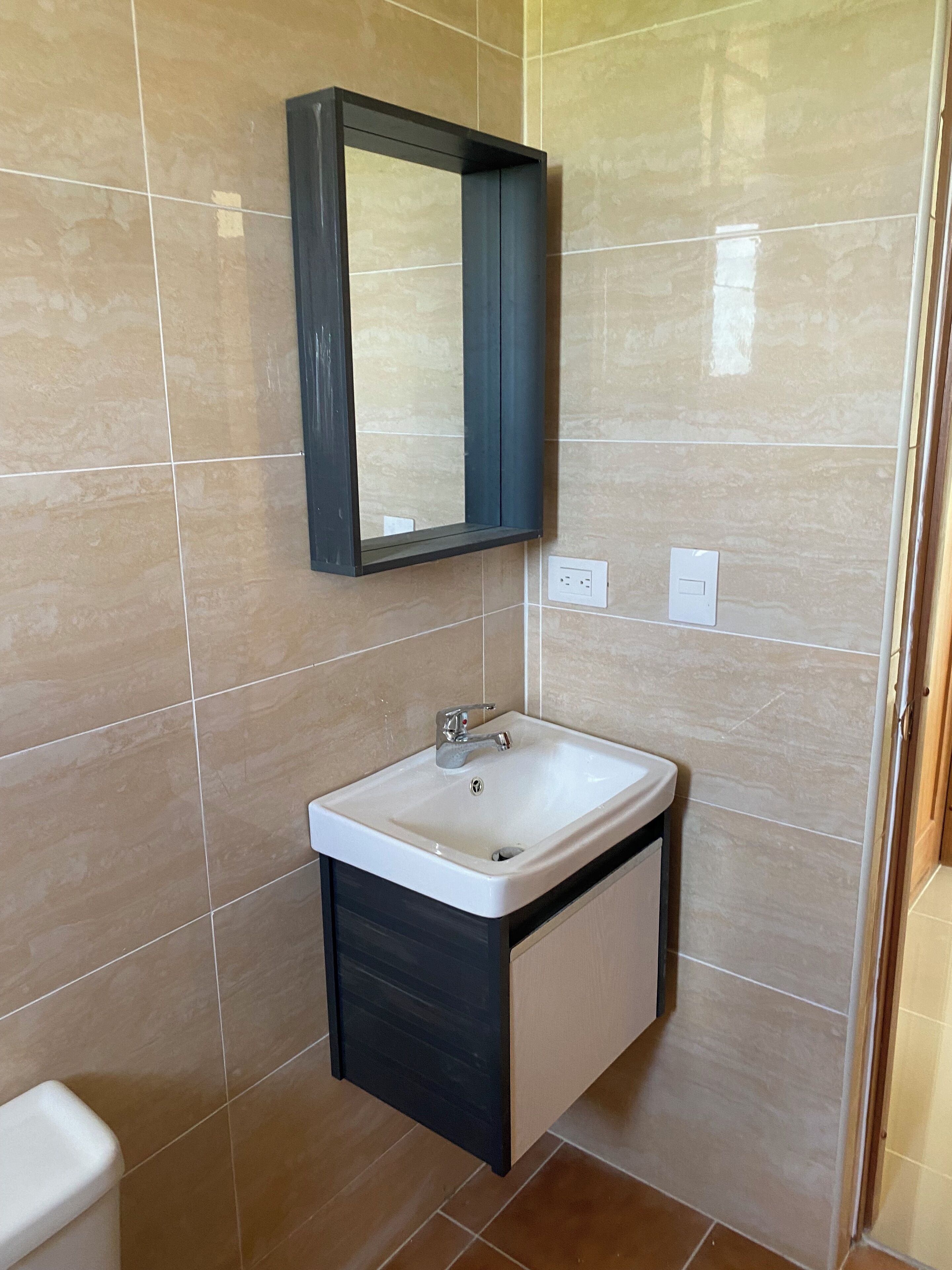 Un bany amb un lavabo blanc, un armari fosc i un mirall a sobre.