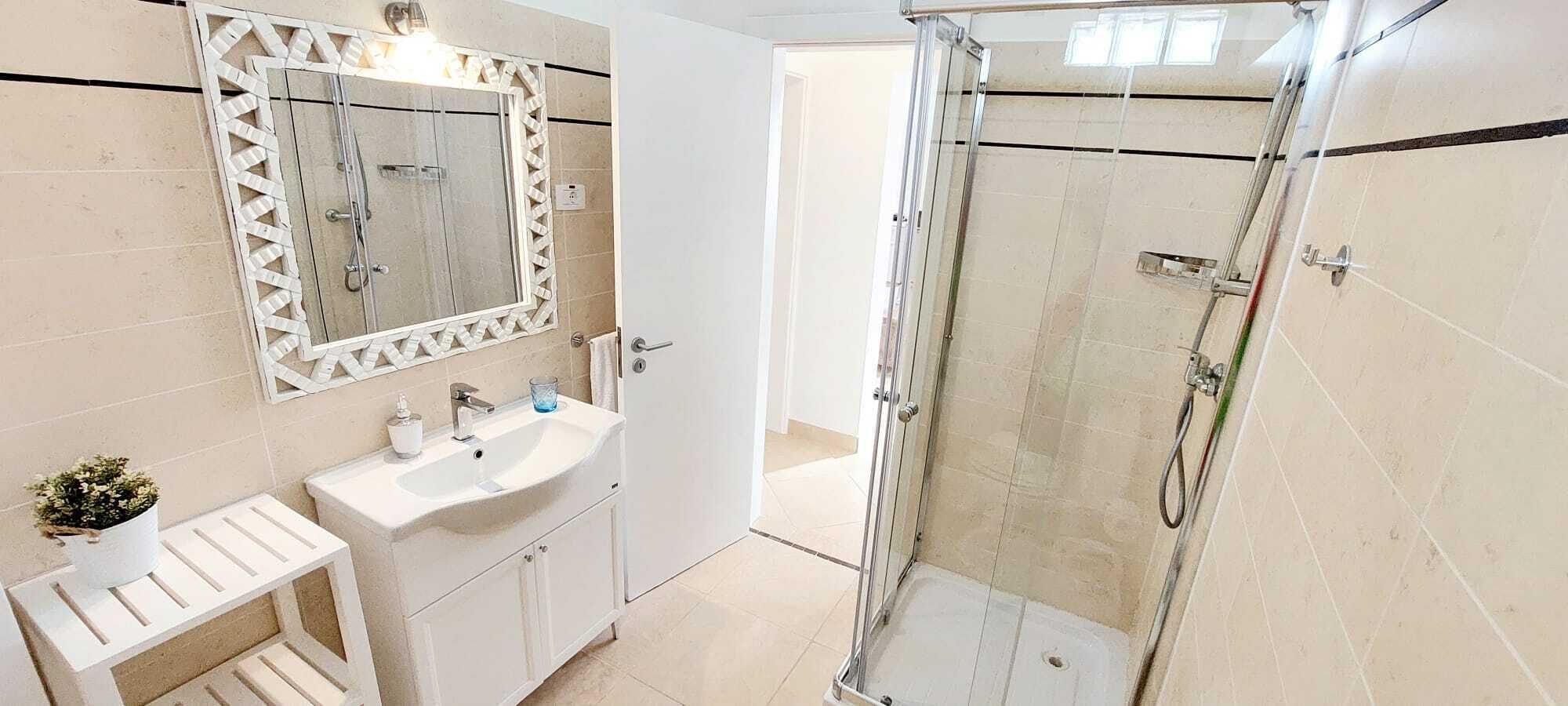 A bathroom with a sink, mirror, and shower.