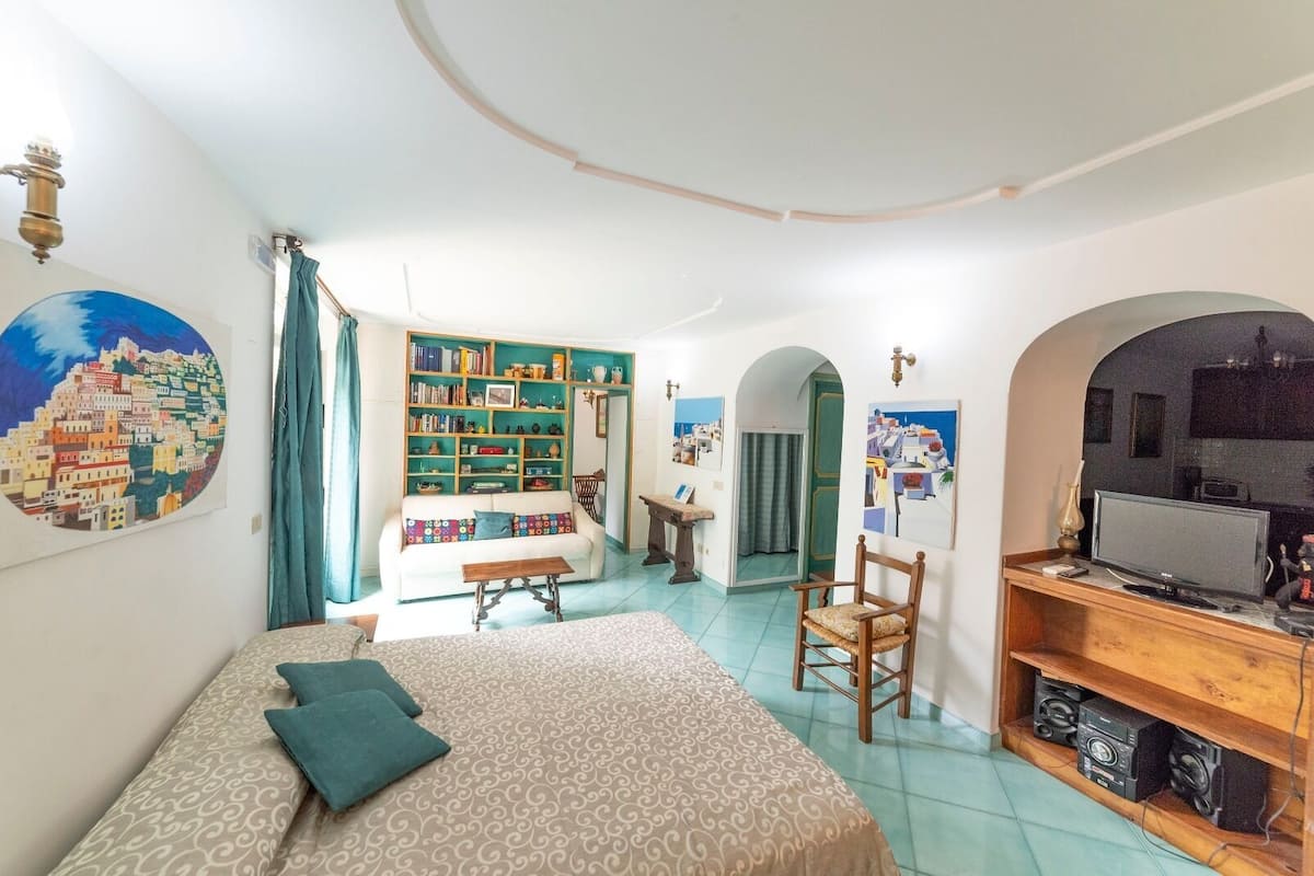 A cozy room with a bed, a bookshelf, a TV, and a desk.