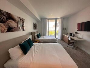 1 chambre, bureau, fer et planche à repasser, lit parapluie