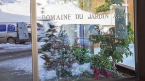 A window with the text "DOMAINE DU JARDIN ALPIN" and a view of a snow-covered landscape with a Christmas tree and plants. - Charming Ski Apartment in Courchevel 1850 (Courchevel)
