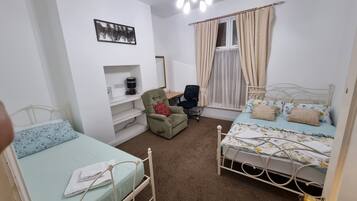 1 bedroom, desk, iron/ironing board, travel cot