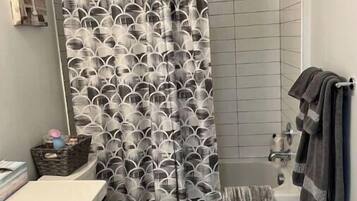 Hair dryer, towels, soap, toilet paper