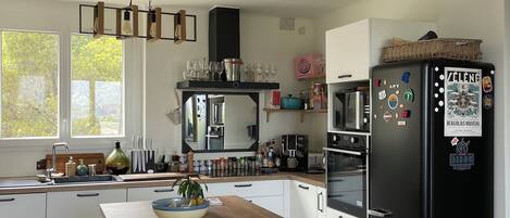 Frigorífico, microondas, horno y placa de cocina