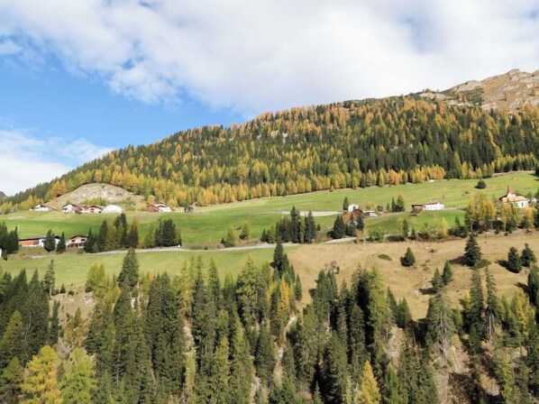 Un paysage montagneux parsemé de maisons et de forêts denses.