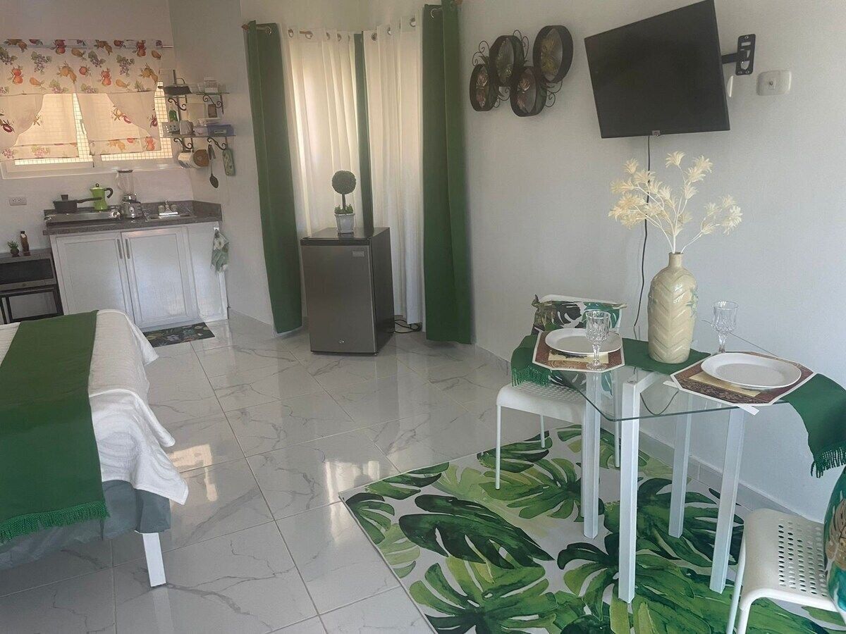 A compact living space with a kitchenette, a dining area with a table set for two, a bed with a green cover, and a TV mounted on the wall.