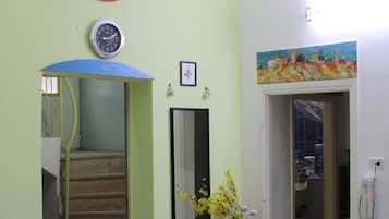 Fireplace, books, printers