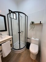 Un baño moderno con ducha de vidrio, lavamanos blanco y retrete.