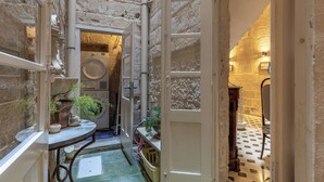 Un couloir étroit où l’on trouve un lave-linge, une petite table avec des plantes et une porte qui donne sur une pièce dont le sol est carrelé.