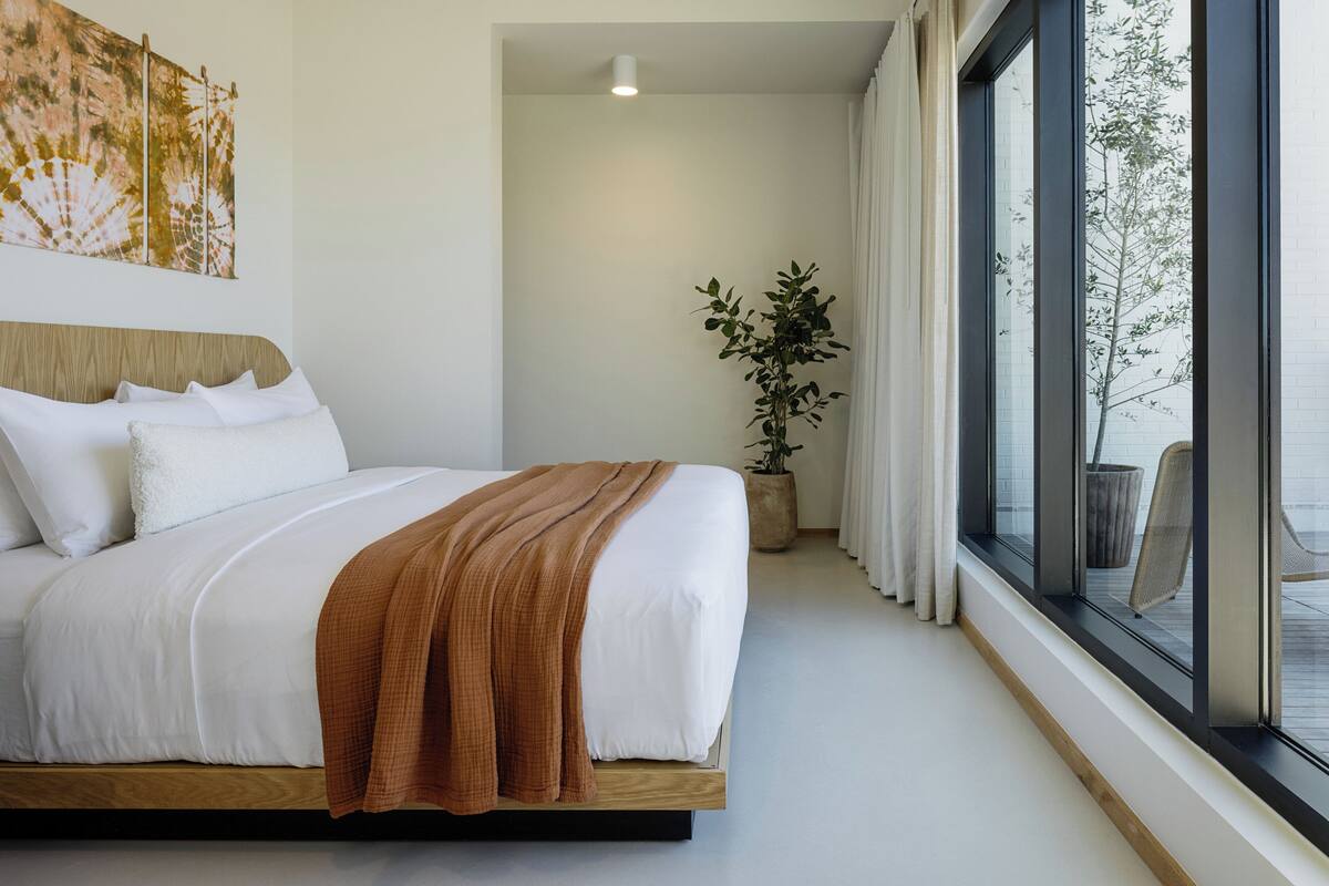 A modern bedroom with a large bed, a potted plant, and a view of the outdoors through large windows.