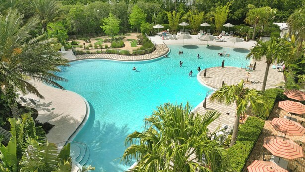 A large outdoor swimming pool surrounded by palm trees and lounge chairs. - Mickey's Manor: Private Pool & Resort Access (Davenport)