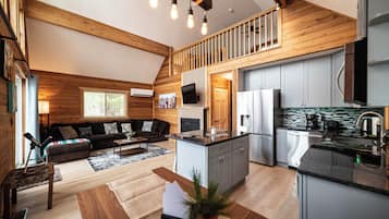 Smart TV, fireplace, books, computer monitors