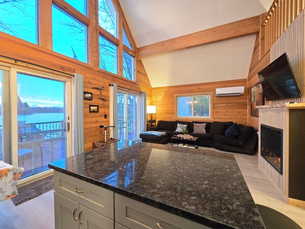 Smart TV, fireplace, books, computer monitors