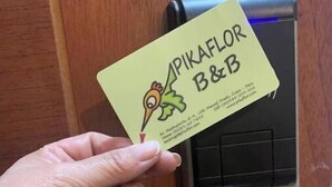 Une main tenant une carte de visite ornée d’une illustration d’oiseau et portant le texte « PIKAFLOR B&B ».