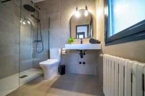 Shower, towels, soap, toilet paper