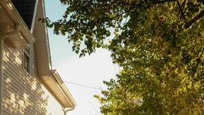 A residential street with a house on the left, a sidewalk, and trees lining the street. - The Loft by Maison Dudley (Lac-Mégantic)
