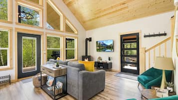 Smart TV, fireplace, DVD player, books