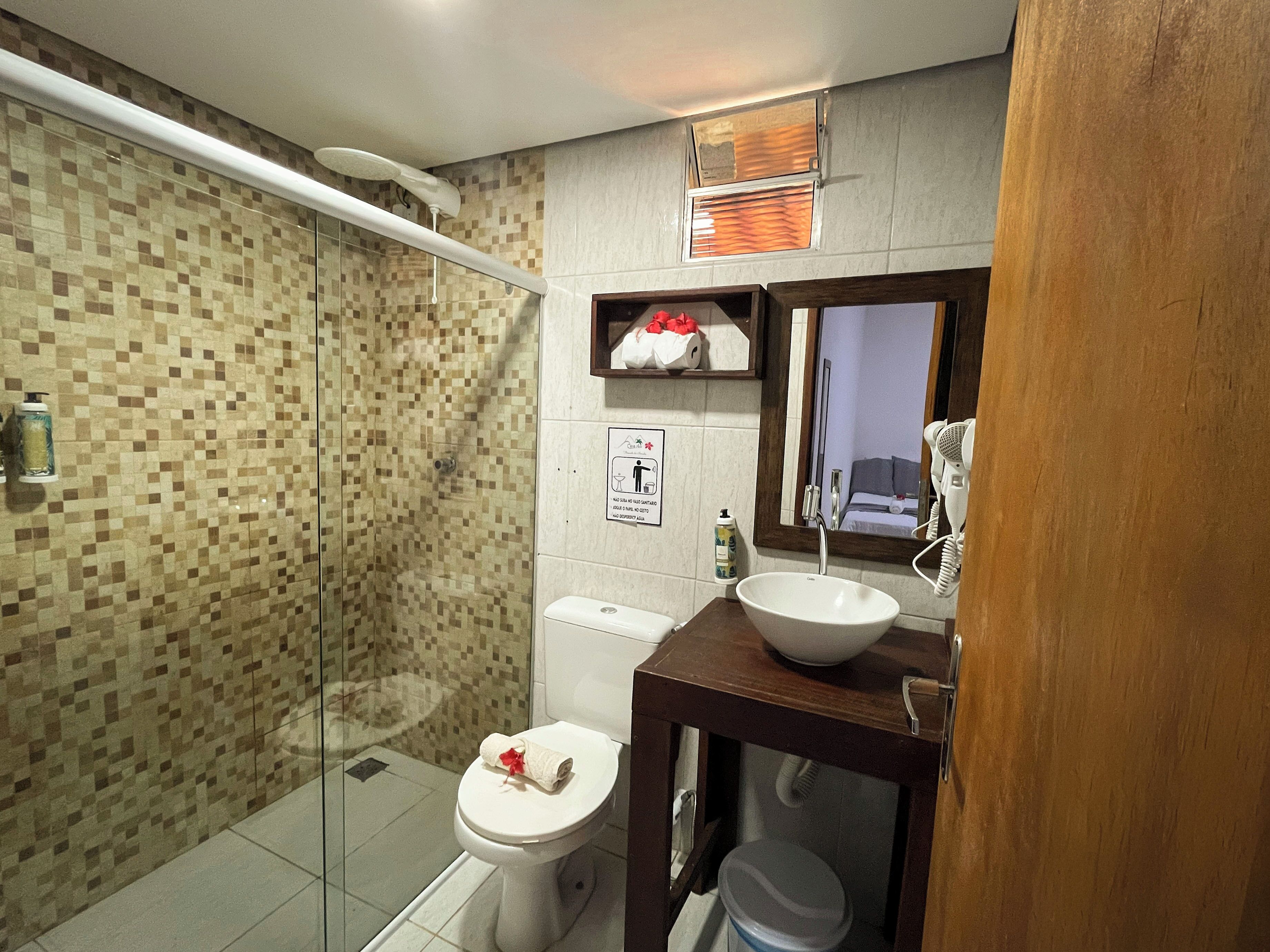 A bathroom with a glass shower enclosure, a toilet, a sink, and a mirror.