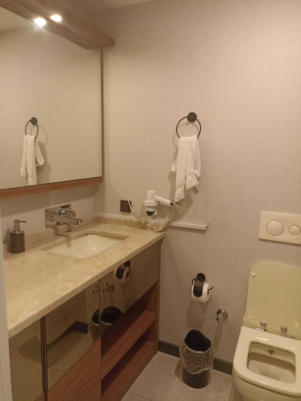 A bathroom with two sinks, a mirror, a towel rack, a toilet, and a bidet.