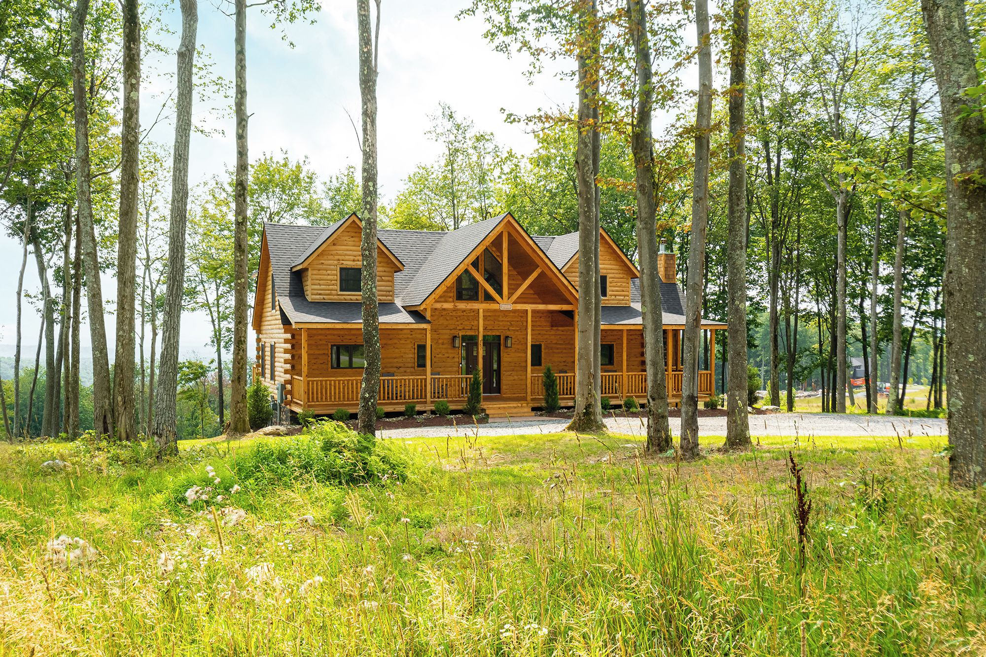 A log cabin with a porch and a chimney, surrounded by tall trees and grassy ground.