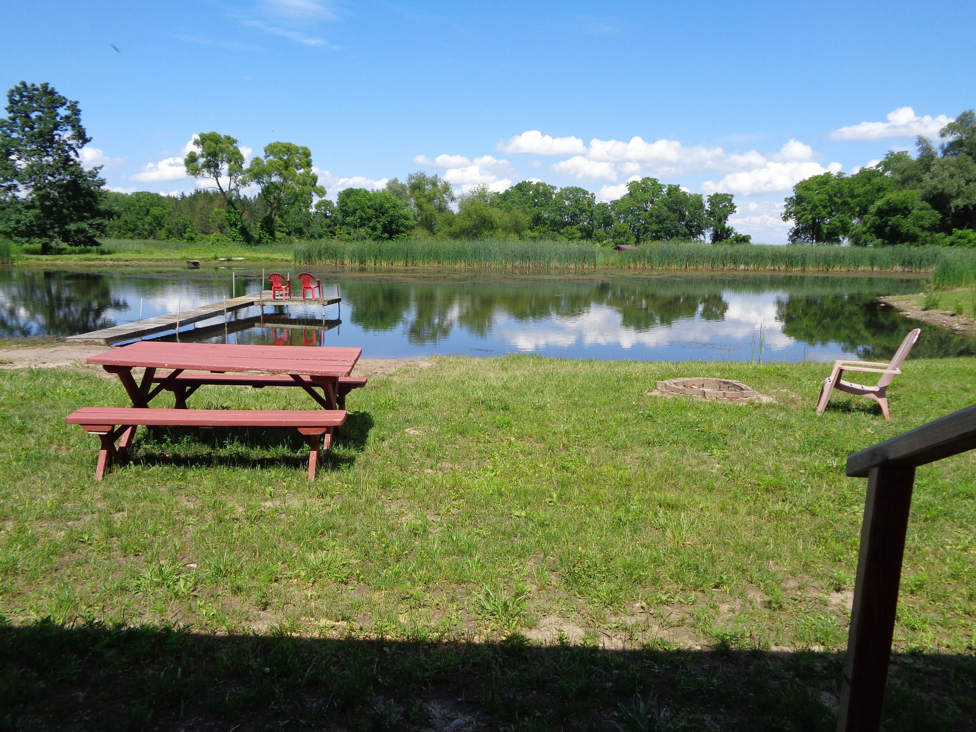 A lakeside picnic area with picnic tables and chairs, a dock, and a grassy field.