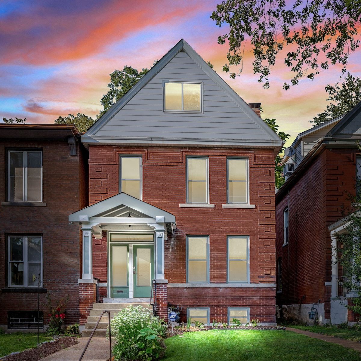 Front view of the house at twilight