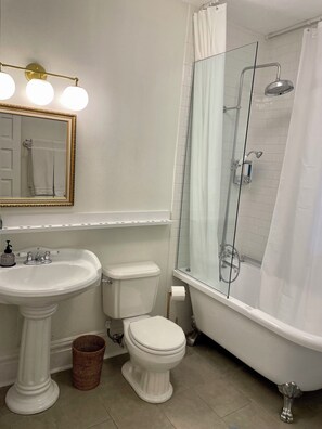 Hair dryer, towels, soap, shampoo