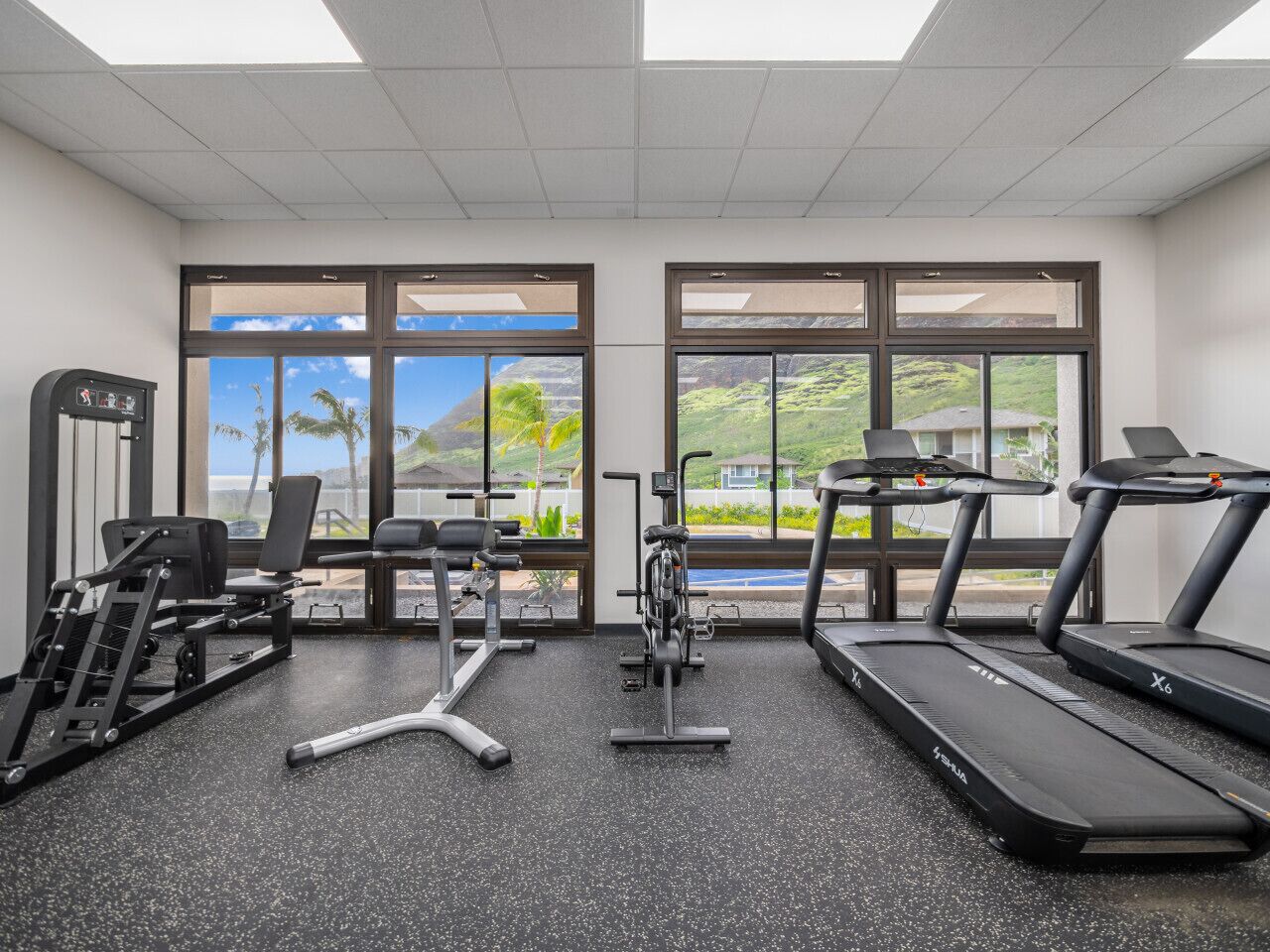 A gym with treadmills, stationary bikes, and weight machines.