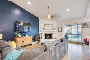 TV, fireplace, table football, music library - Sun-Kissed Delight. 3 King Bedrooms! Sparkling Pool and Hot Tub. Family Bunk Room! (Chandler)