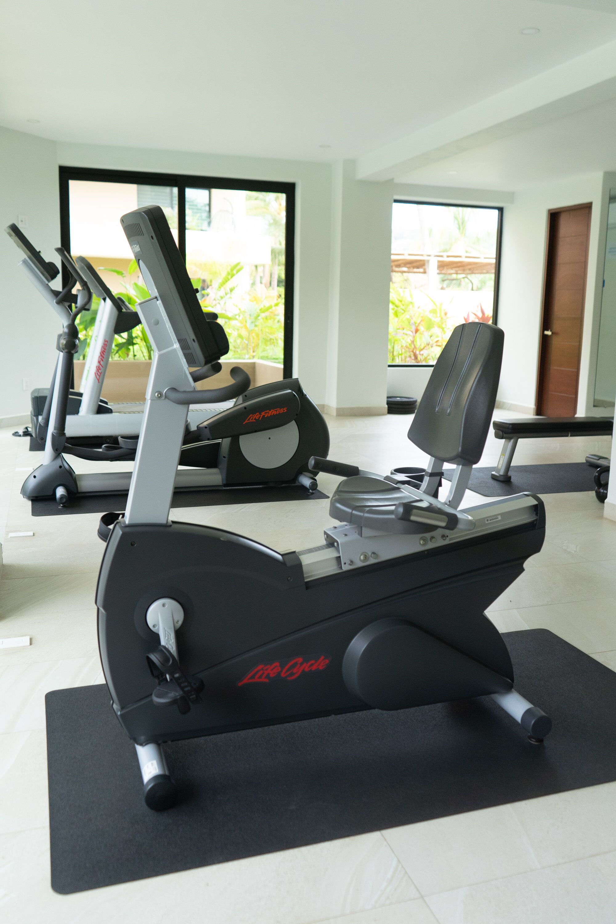Une salle de sport à domicile équipée de matériel de cardio, notamment un vélo d’appartement et un appareil elliptique.