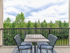 A balcony with a table and two chairs, overlooking a lush green forest.