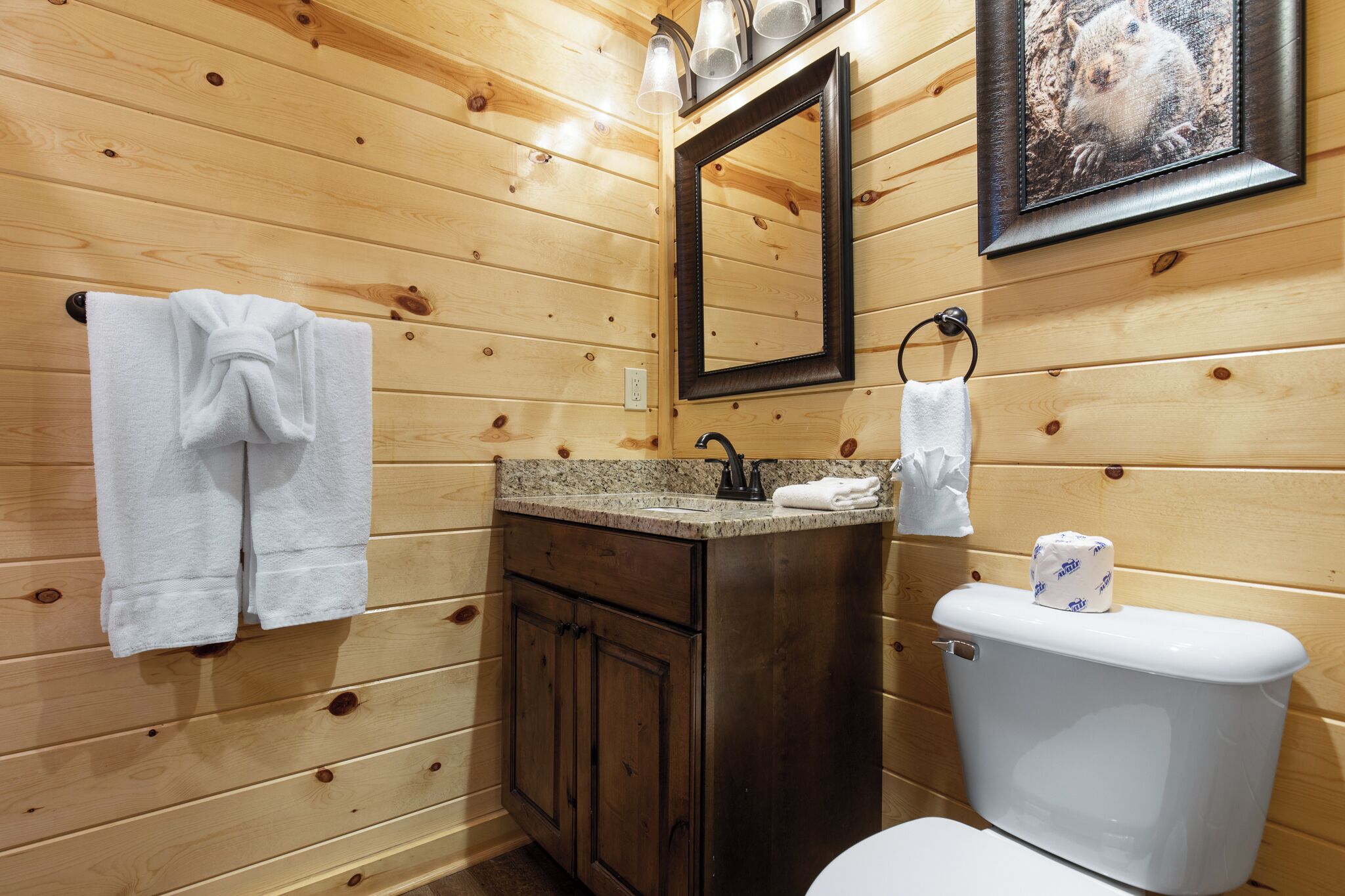 A wooden cabin bathroom with a sink, mirror, and toilet.