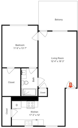Plano de planta de una casa que incluye un dormitorio, sala de estar, baño, cocina y un balcón.