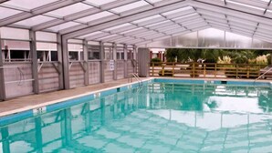 Piscina interna com teto de vidro, cercada por grades de metal e um deck de madeira.