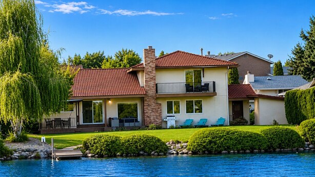 A two-story house with a swimming pool, a patio with outdoor furniture, and a well-maintained garden.