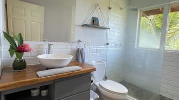Shower, hair dryer, towels, soap