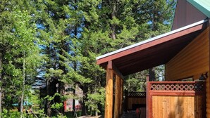 Une cabane en bois dotée d’un porche abrité, entourée d’une forêt dense.