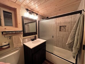 Hair dryer, towels, soap, shampoo