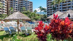 A resort with multiple-story buildings, a pool area with lounge chairs, and thatched umbrellas. - MRR Presents Kaanapali Alii 213 - Luxurious Ground Floor 3BR Interior w/ Partial Ocean Views & Lawn Area. The Pools, Beach, and BBQs are Mere Steps Away! (Lahaina)