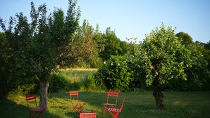 Ein Sitzbereich im Freien mit roten Stühlen und einer Bank, umgeben von Bäumen und Gras.
